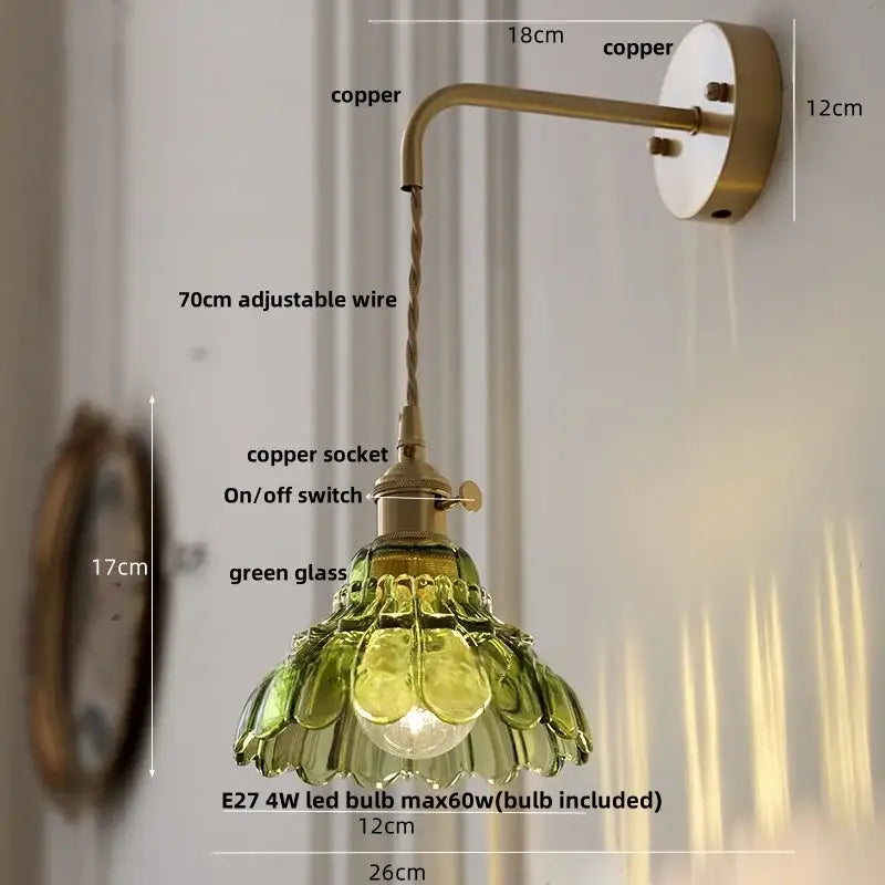 Vintage brass green glass wall light with copper pull chain design featuring overlapping petal shade for bedroom decorbites led wall