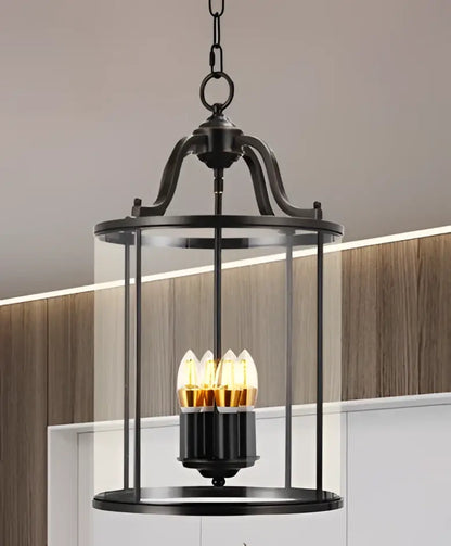 Black wrought iron vintage brass pendant light with clear glass enclosure and led bulbs helps create warm ambiance