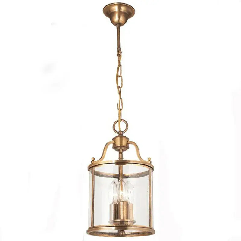 Vintage brass lantern pendant light with clear glass enclosure and chain suspension helps create elegant lighting with led bulbs