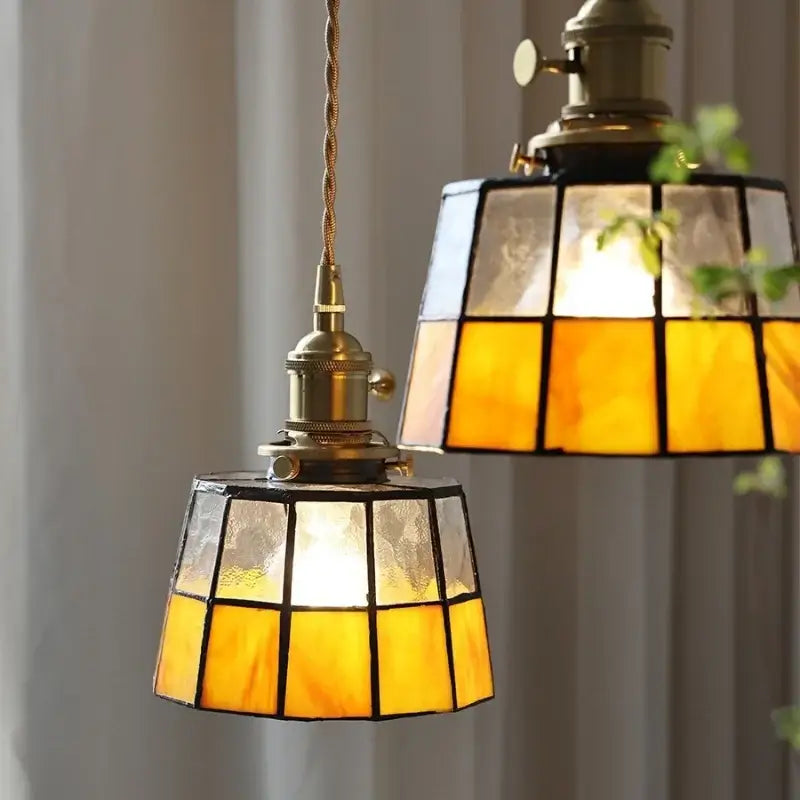 Vintage brass led pendant light with brass finished frame and amber stained glass shade for dining room decorbites pendant light