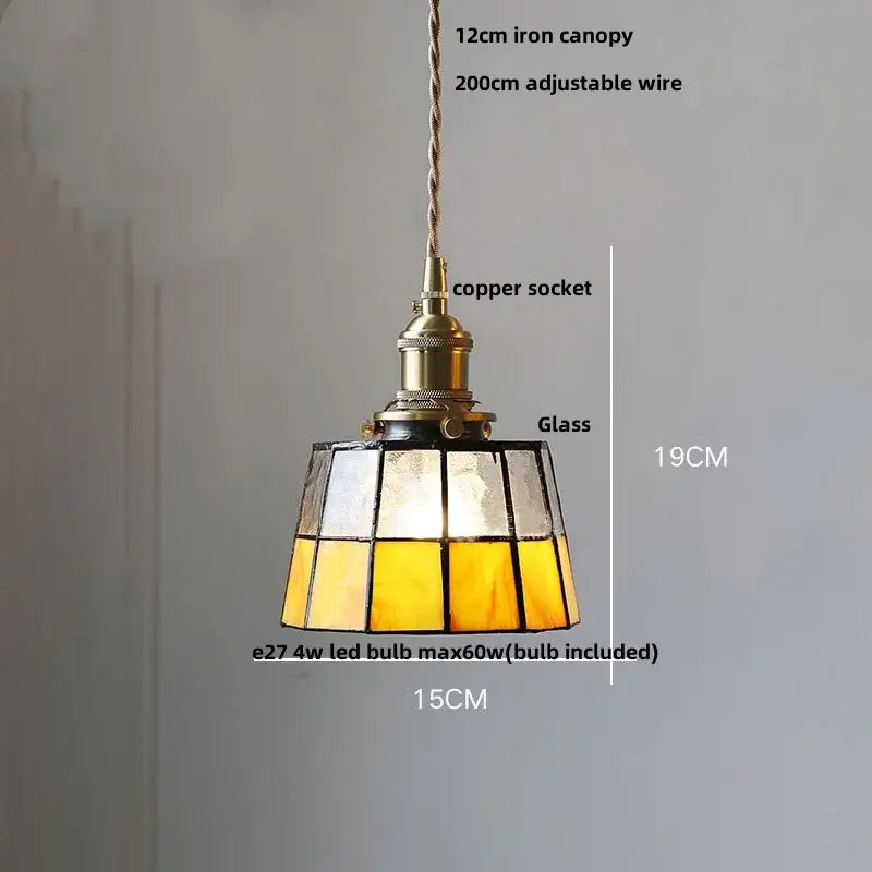 Vintage brass led pendant light with amber stained glass shade and brass copper socket for dining room decorbites brass led