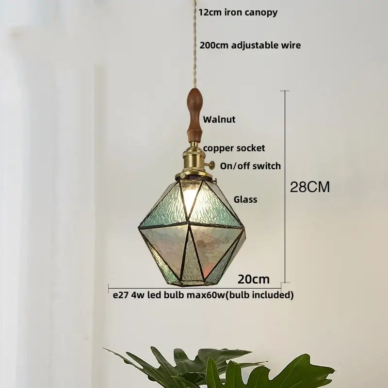 Vintage brass led pendant light with stained green-tinted glass, walnut wood top, and copper socket by decorbites brass vintage