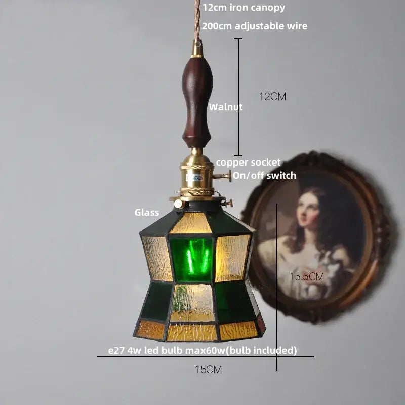 Vintage brass led pendant light with dark walnut handle and green amber stained glass panels for dining room decorbites brass vintage
