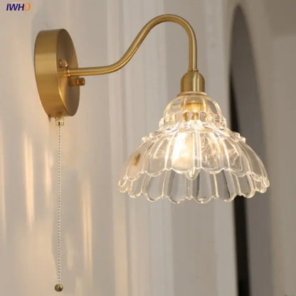 Vintage brass led wall light featuring a clear fluted glass shade and pull-chain switch for bedroom decorbites brass led use