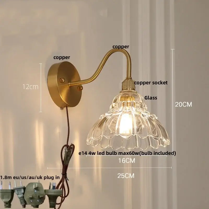 Vintage brass led wall light with brass copper finish and ornate fluted glass shade for bedroom decorbites brass led wall decor
