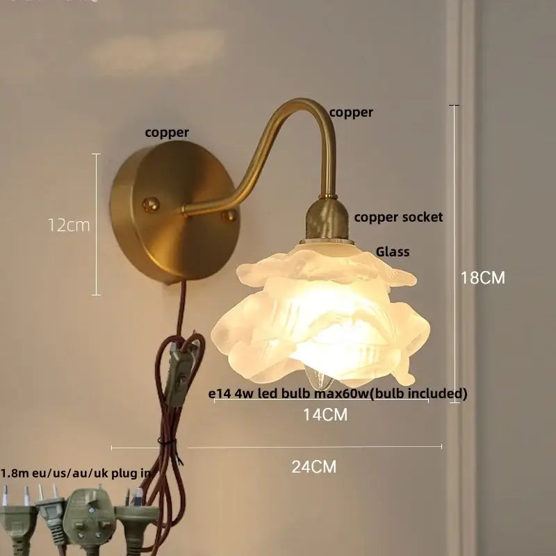 Vintage brass led wall sconce copper finish with delicate translucent glass rose shade for decorbites brass led wall decor