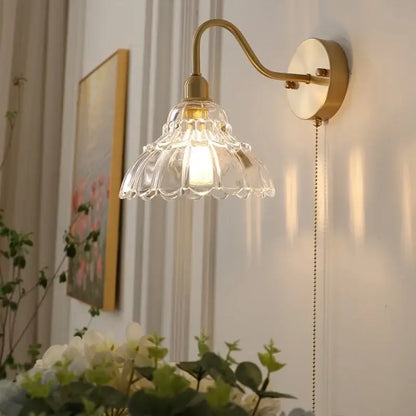 Vintage brass led wall sconce with scalloped clear glass shade and pull chain for bathroom vanity decorbites brass led wall