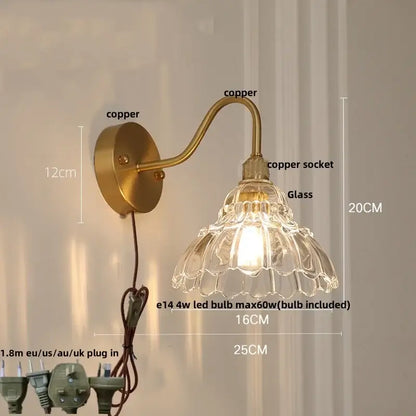 Vintage brass led wall sconce with pull chain featuring a brass copper finish and ornate fluted glass shade decorbites brass led wall
