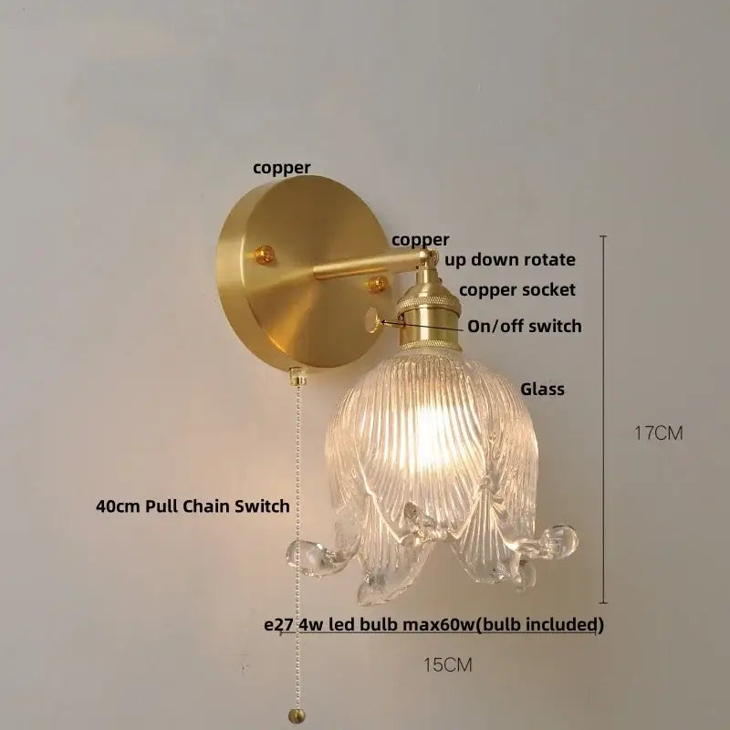 Gold-toned copper wall light with ribbed loft amber glass shade shaped like an open flower for bedroom decorbites loft amber