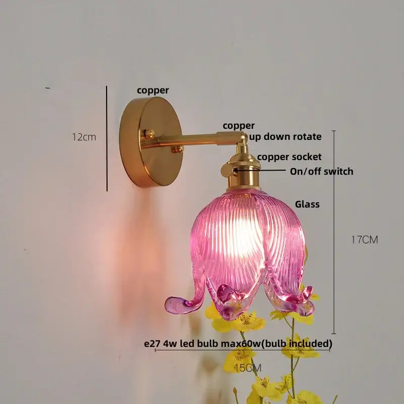 Pink ribbed glass flower wall light with copper hardware from decorbites loft amber glass sconce for bedroom decor