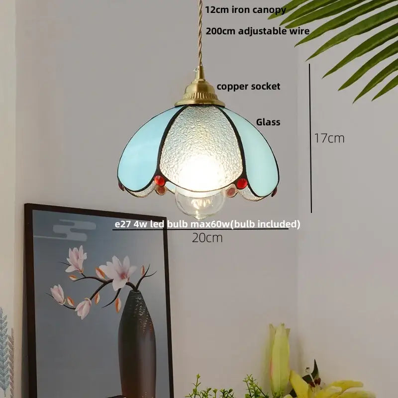 Vintage brass petal glass led pendant light with pale blue tiffany-style glass shade and red bead accents for kitchen