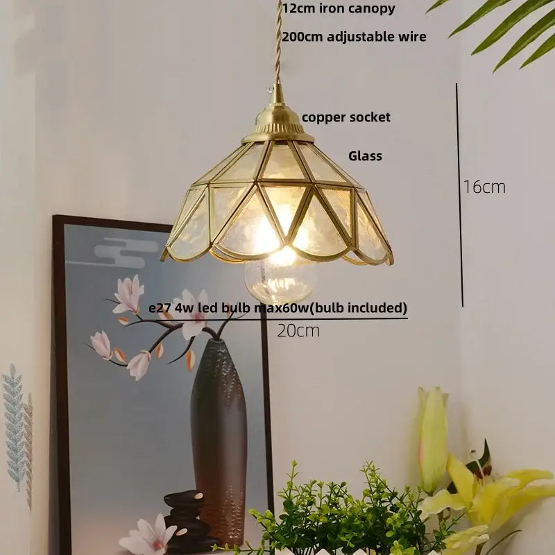 Vintage brass petal glass led pendant light with brass-toned geometric design and 12cm iron canopy pendant light