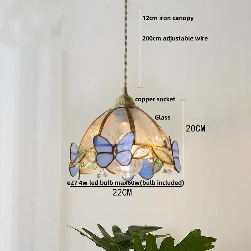 Vintage brass petal glass led pendant light featuring tiffany-style stained glass butterflies in blue and gold tones