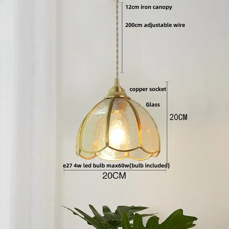Vintage brass petal glass led pendant light with a 20cm brass-toned frame and soft amber glow e27 led pendant light