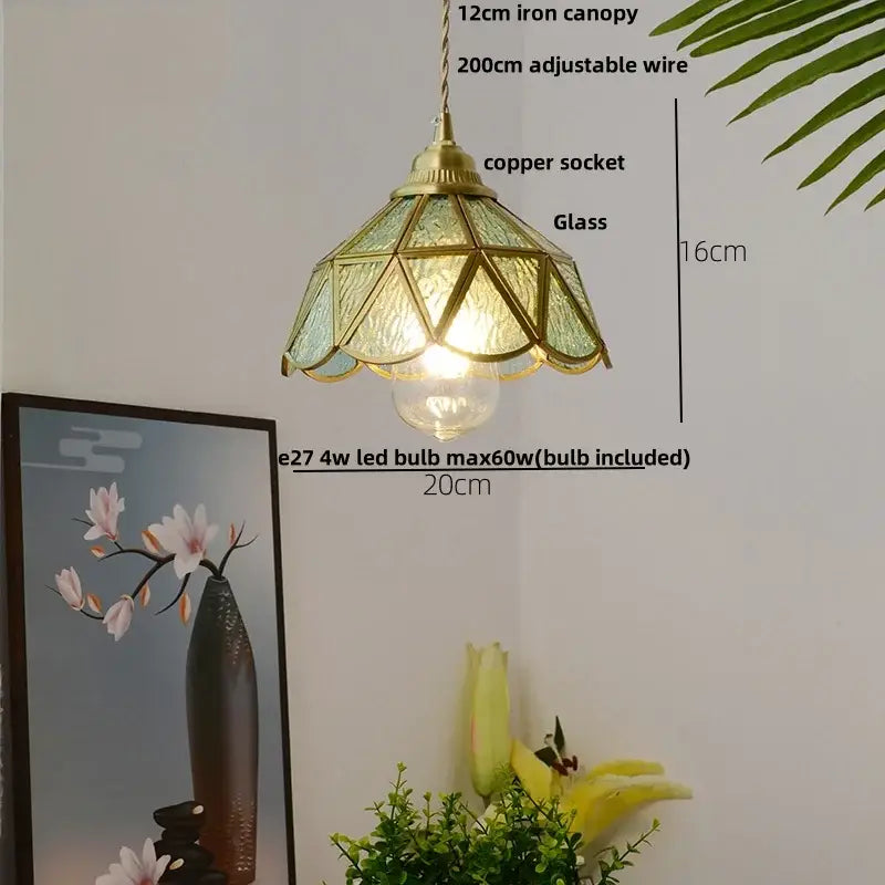 Vintage brass pendant light with faceted green glass led pendant shade and adjustable copper socket for kitchen use