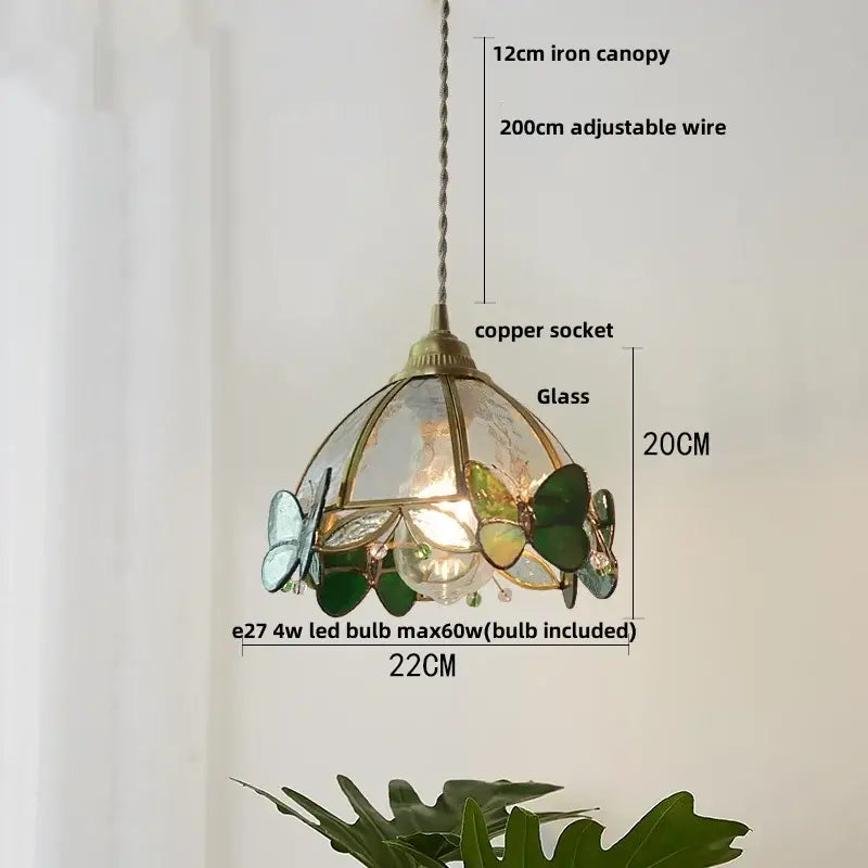 Vintage brass petal glass led pendant light with copper socket and green blue stained-glass butterfly motifs