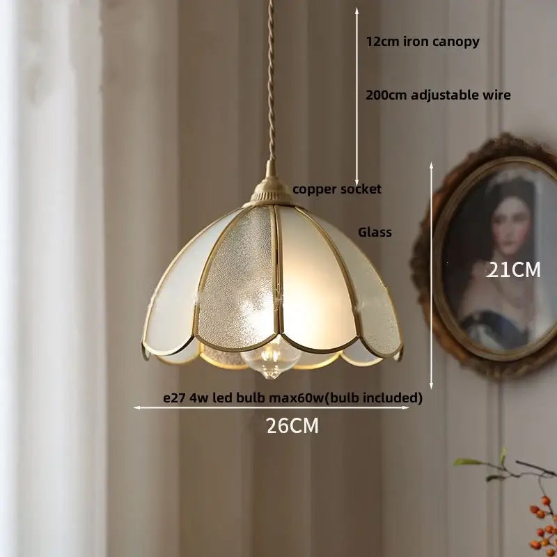 Vintage brass petal glass led pendant light with frosted glass panels and brass frame for kitchen hanging lamp