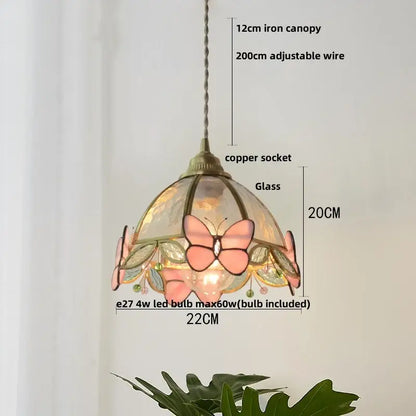 Delicate pink butterfly-themed glass led pendant light with copper socket and iron canopy for kitchen hanging lamp