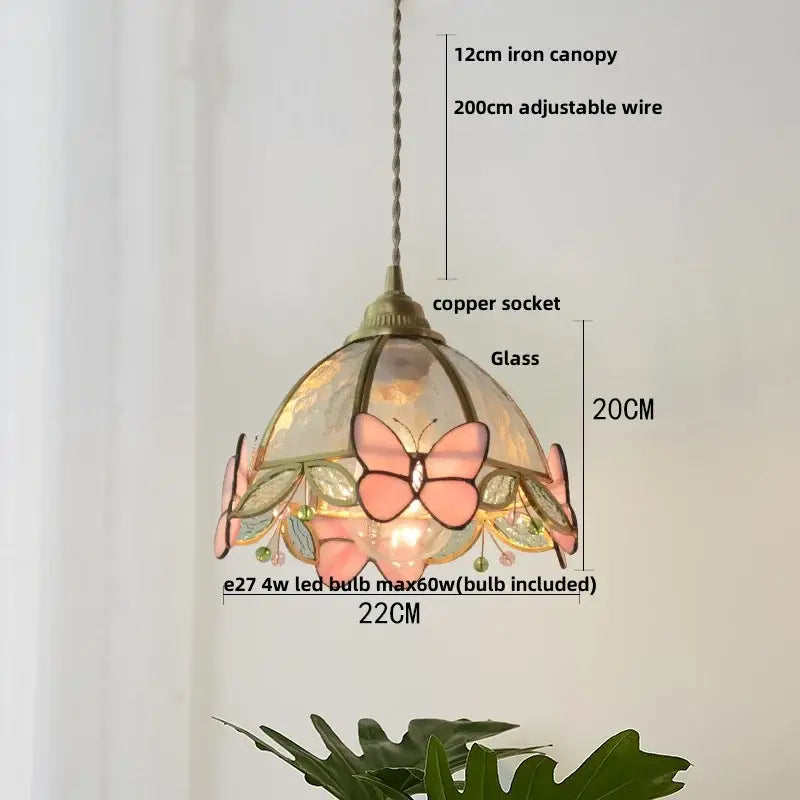 Delicate pink butterfly-themed glass led pendant light with copper socket and iron canopy for kitchen hanging lamp