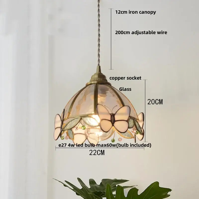 Vintage brass petal glass led pendant light with tiffany-style butterfly and leaf glass shade suspended by iron wire