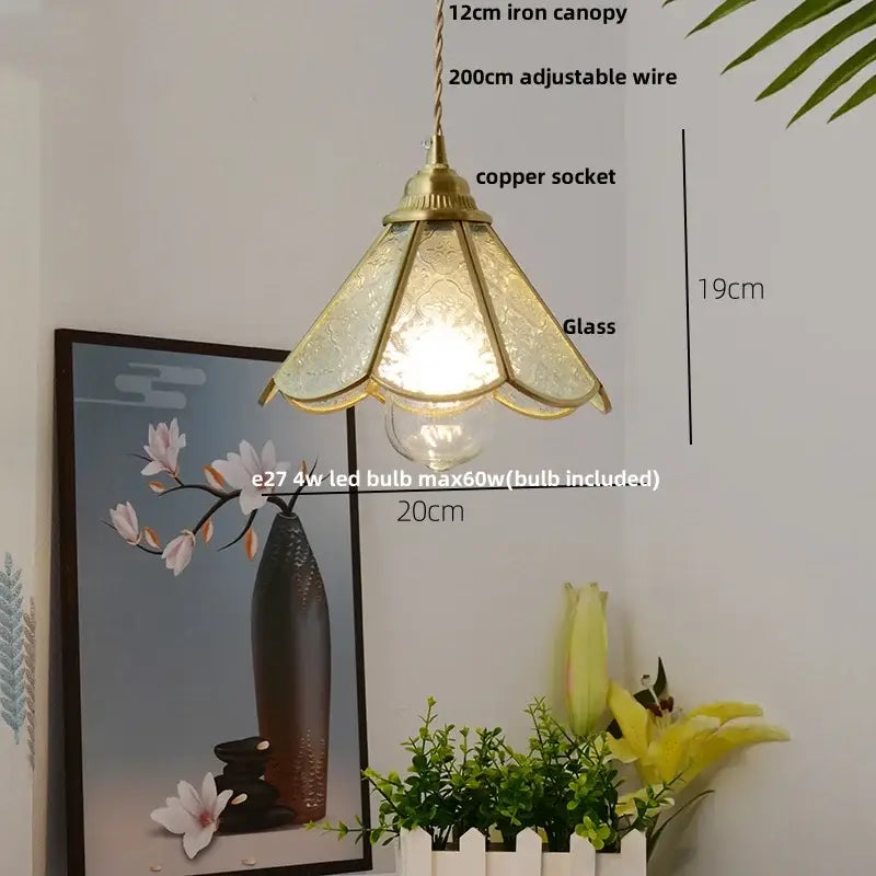 Vintage brass petal glass led pendant light with brass iron canopy copper socket and etched glass shade for kitchen use