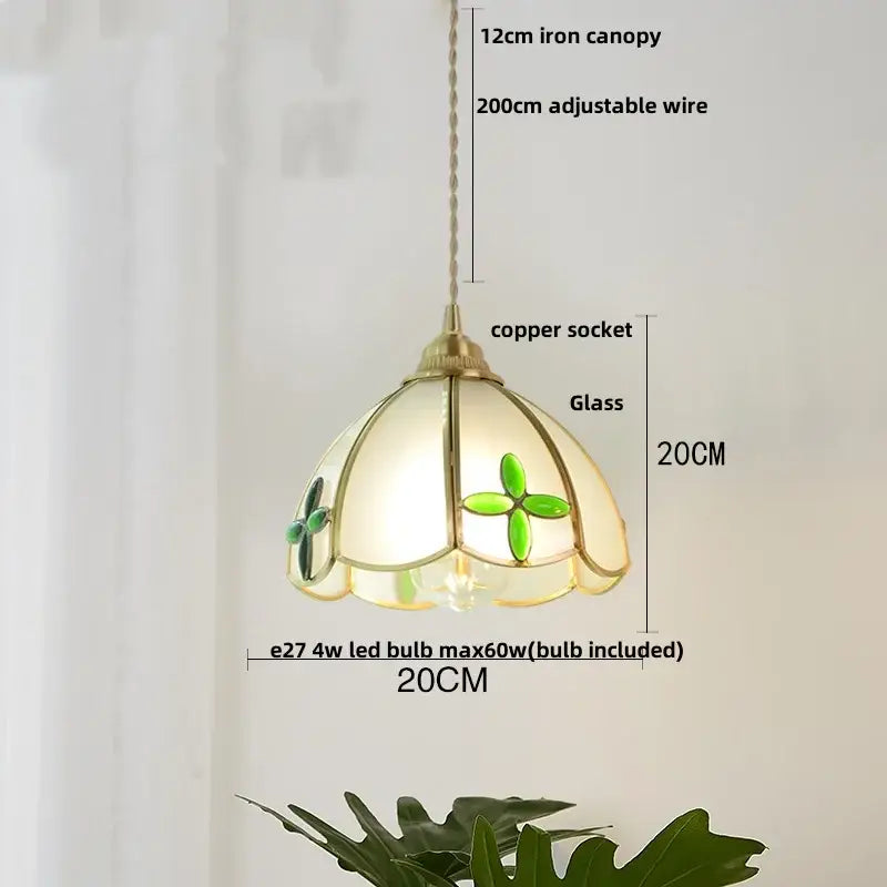 Vintage brass petal glass led pendant light with green clover motifs and adjustable iron canopy for kitchen use
