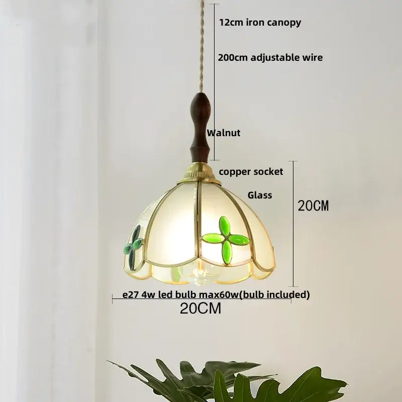 Vintage brass petal glass led pendant light with cream tiffany-style shade and dark walnut iron canopy pendant light