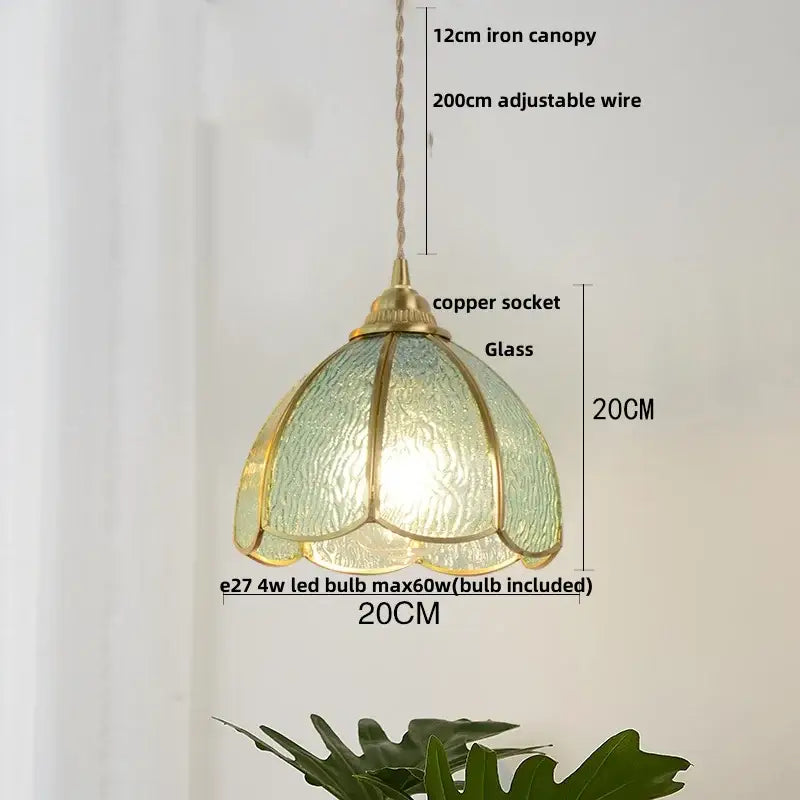Vintage brass petal glass led pendant light with a translucent green glass shade and adjustable copper socket pendant light