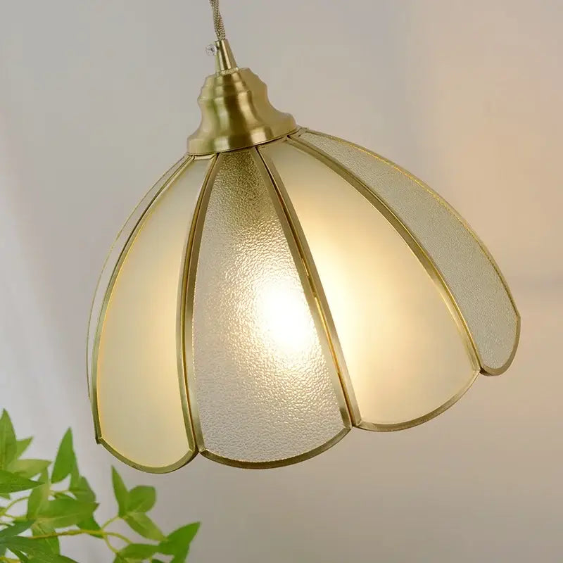 Vintage brass petal glass led pendant light with frosted glass shade designed as a kitchen hanging lamp