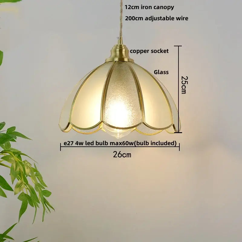 Vintage brass petal glass led pendant light with warm-toned petals, brass iron canopy, and copper socket for kitchen lighting