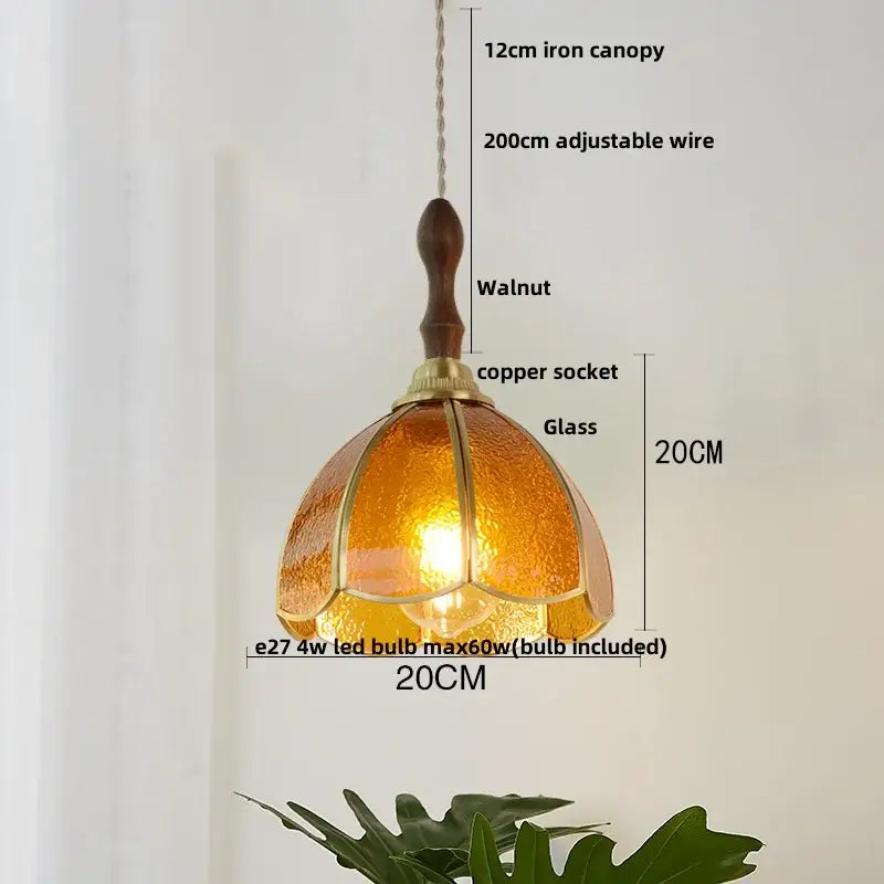 Warm amber glass led pendant light with walnut iron canopy and copper socket for vintage kitchen lighting