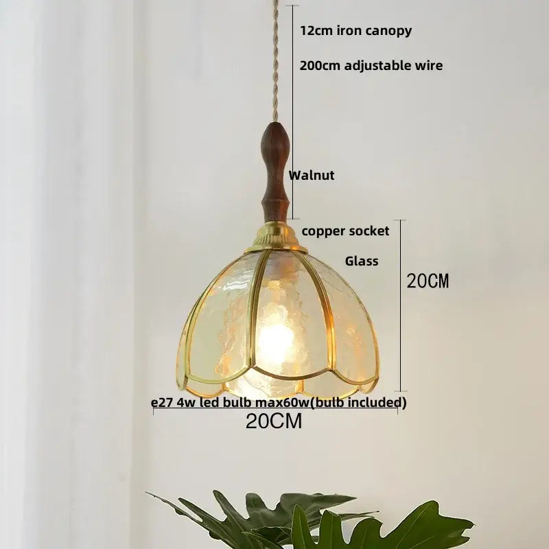 Vintage brass petal glass led pendant light with warm-toned glass, walnut-finished iron canopy, and copper socket