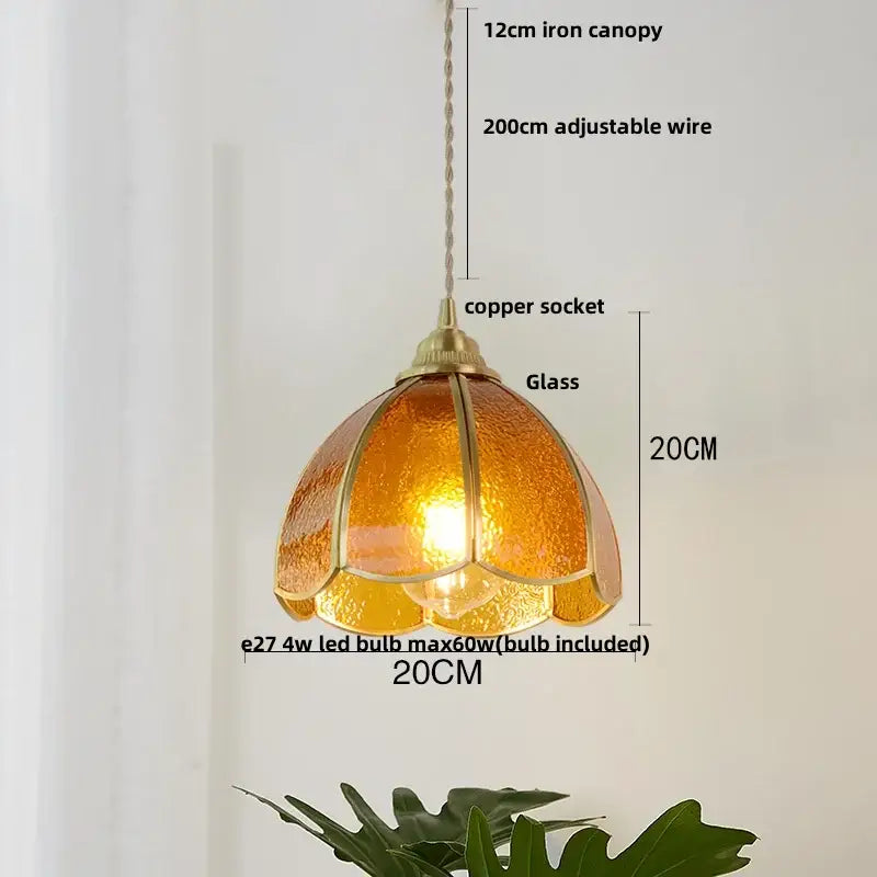 Vintage brass petal glass led pendant light with warm amber glass and copper socket for kitchen lighting