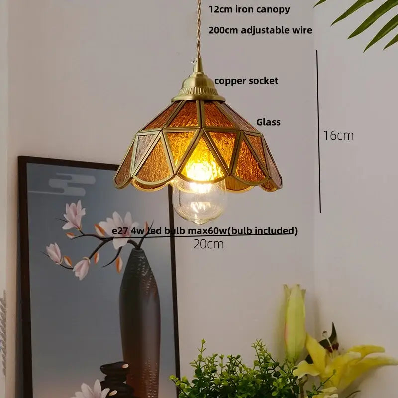 Vintage brass petal glass led pendant light with warm amber geometric panels and copper socket for kitchen use
