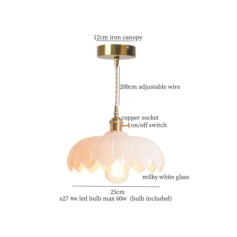 A delicate milky white glass vintage brass pleated led pendant light with fluted petal design and brass fittings