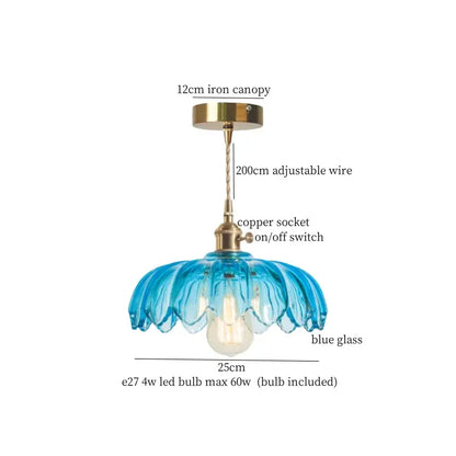 Delicate blue glass pendant lights with brass pleated led hardware vintage brass pleated decorbites style
