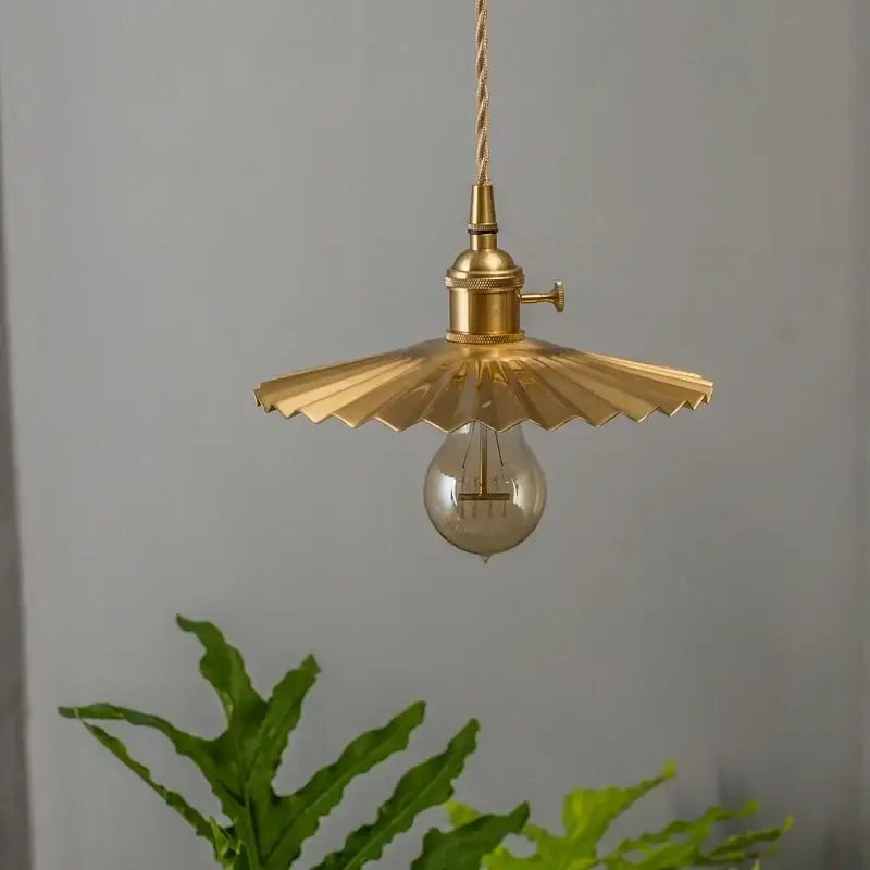 Vintage brass pleated led pendant light with fluted fan-shaped shade and exposed edison bulb for dining room decorbites brass pleated