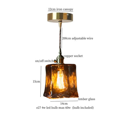 Amber glass vintage brass pleated led pendant light with brass canopy and copper socket for dining room decorbites pendant lights