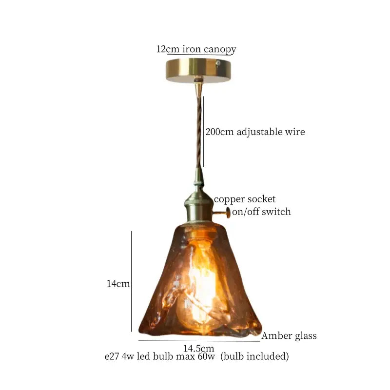 Amber glass pendant light with brass iron canopy and copper socket for vintage brass pleated led pendant lights decorbites