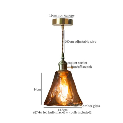Amber glass pendant light with brass iron canopy and copper socket for vintage brass pleated led pendant lights decorbites