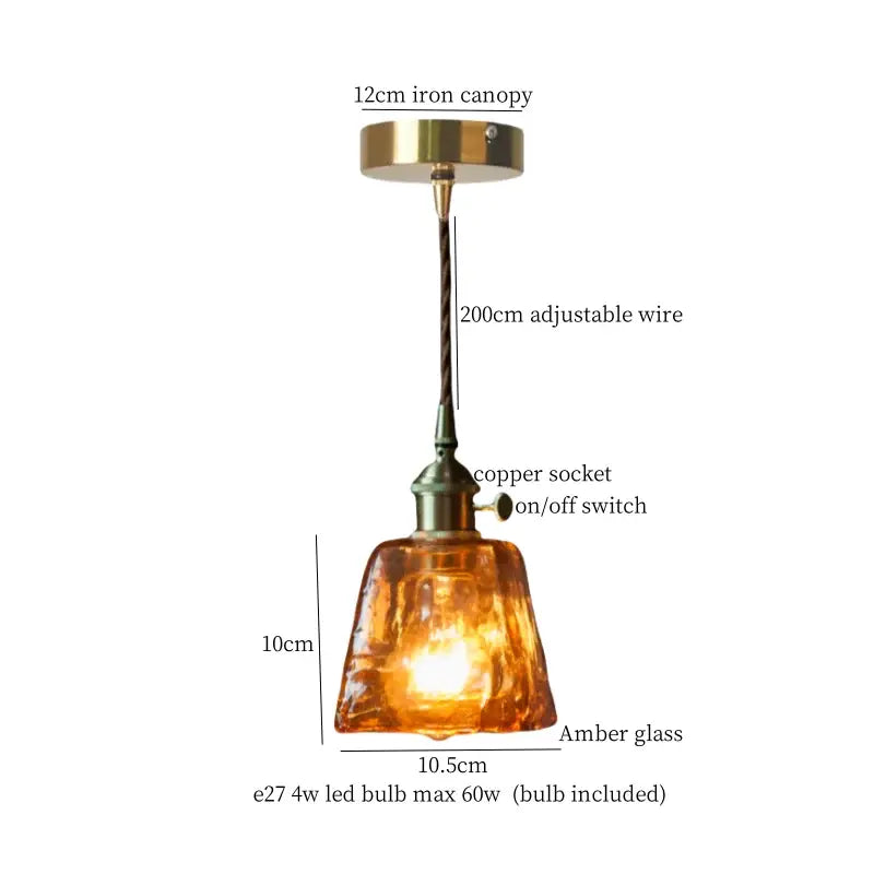 Amber glass pendant light with brass iron canopy copper socket and adjustable wire for vintage brass pleated led decorbites pendant lights