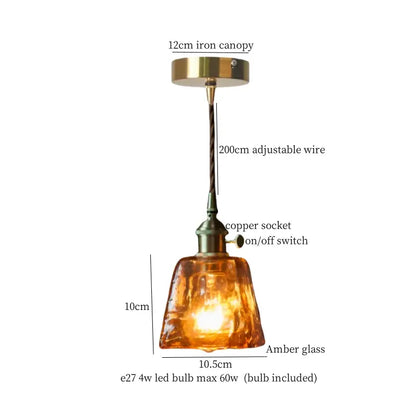 Amber glass pendant light with brass iron canopy copper socket and adjustable wire for vintage brass pleated led decorbites pendant lights