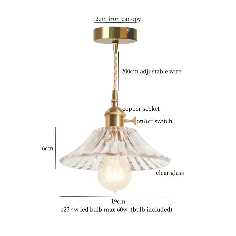 A clear glass vintage brass pleated led pendant light with brass canopy and copper socket for dining room decorbites pendant lights