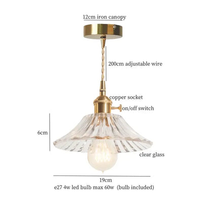 A clear glass vintage brass pleated led pendant light with brass canopy and copper socket for dining room decorbites pendant lights