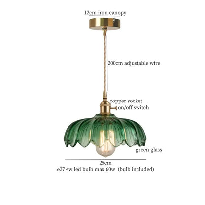 Vintage brass pleated led pendant light with green glass shade copper socket and brass iron canopy for dining room decorbites pendant lights