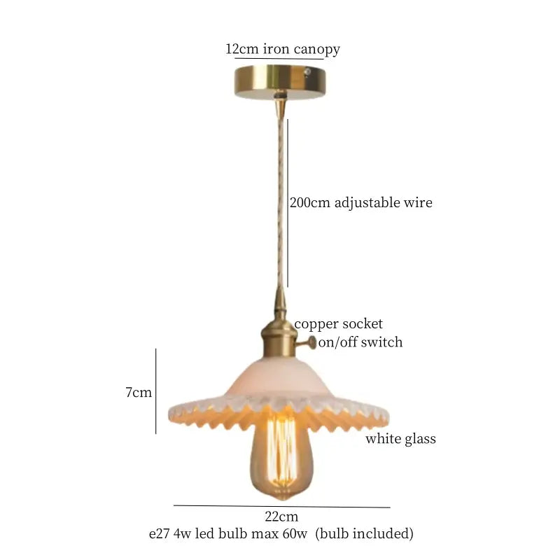 Vintage brass pleated led pendant light with brass-finished iron canopy, adjustable copper wire, and white scalloped glass shade