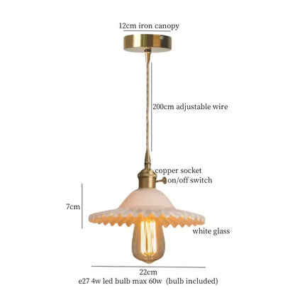 Vintage brass pleated led pendant light with brass-finished iron canopy, adjustable copper wire, and white scalloped glass shade