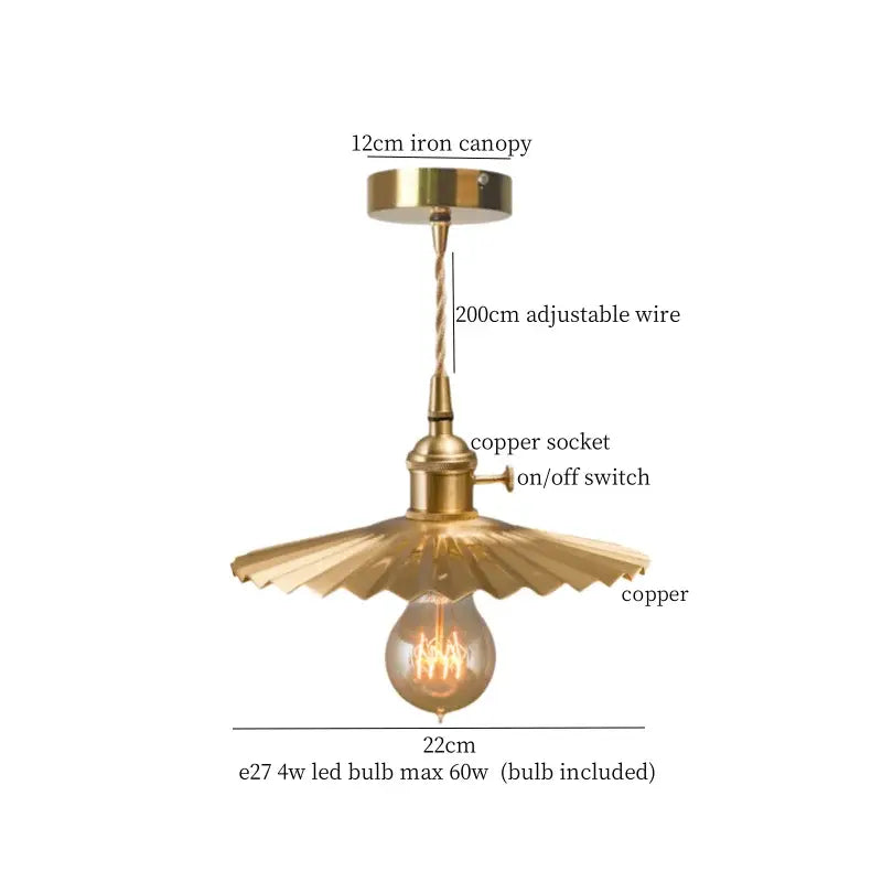 Vintage brass pleated led pendant light with fluted copper shade and adjustable wire suspension for dining room decorbites brass pleated