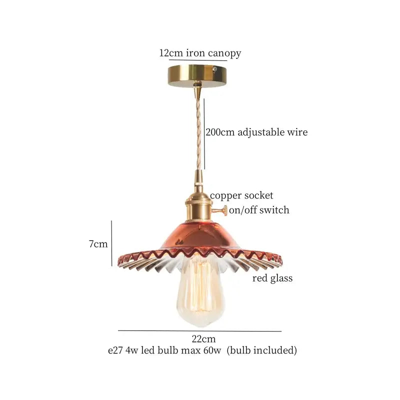 Vintage brass pleated led pendant light with red scalloped glass shade and copper socket for dining room decorbites brass pleated