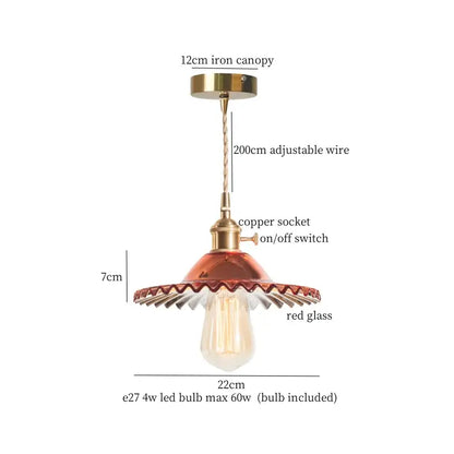 Vintage brass pleated led pendant light with red scalloped glass shade and copper socket for dining room decorbites brass pleated